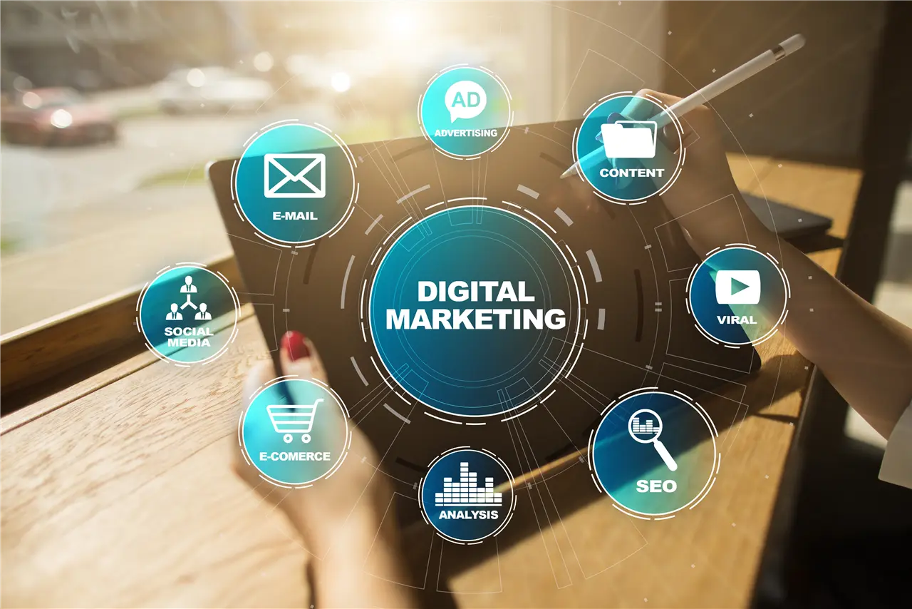 Diese Grafik zeigt verschiedene Elemente des digitalen Marketings wie SEO, E-Commerce, E-Mail, soziale Medien, Werbung, Content, virales Marketing und Analyse, die um einen zentralen Kreis gruppiert sind.
