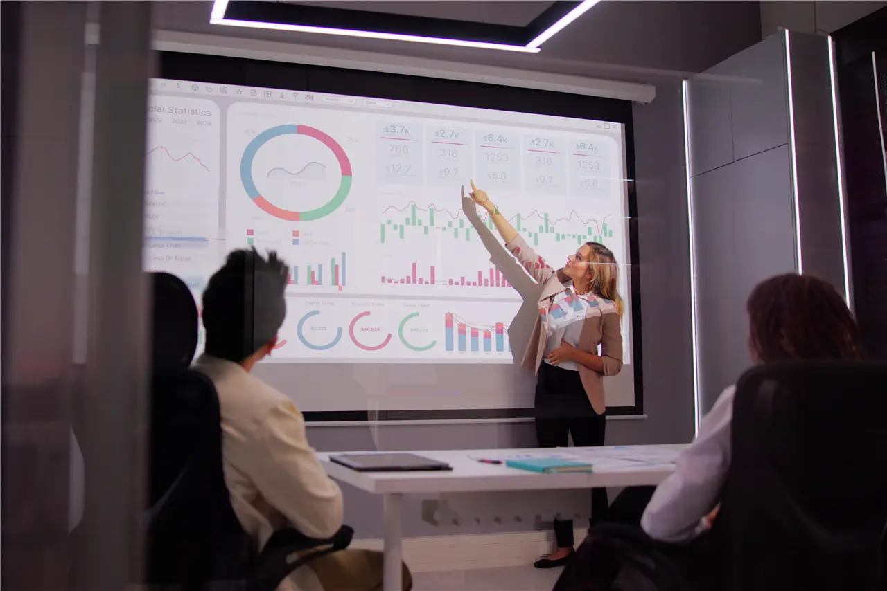 Ein Team h&auml;lt eine gesch&auml;ftliche Pr&auml;sentation. Eine Frau zeigt auf Diagramme und Grafiken auf einem gro&szlig;en Bildschirm. Die Teilnehmer sind aufmerksam und diskutieren vermutlich die Datenanalyse und Unternehmensstrategien.