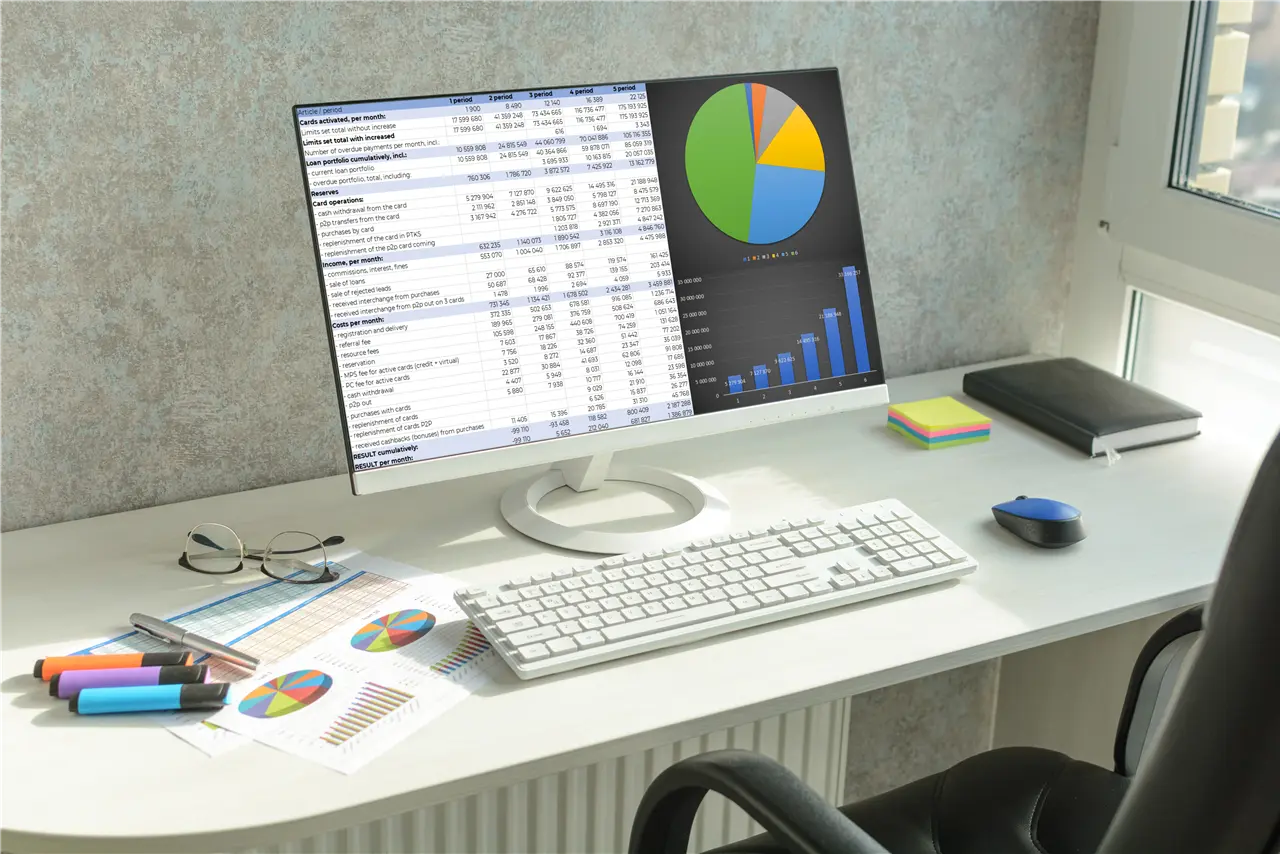 Ein Computermonitor zeigt Finanzberichte mit Tabellen und Diagrammen. Neben dem Bildschirm liegen B&uuml;roartikel wie Stifte, Brille und Papier.