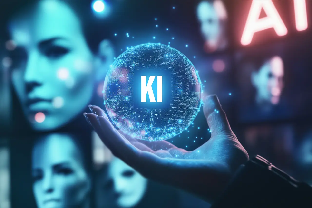 Das Bild zeigt eine Hand, die eine leuchtende Kugel h&auml;lt. In der Kugel steht "KI" und im Hintergrund sind unscharfe Gesichter und das Wort "AI" zu sehen, was auf K&uuml;nstliche Intelligenz hinweist.