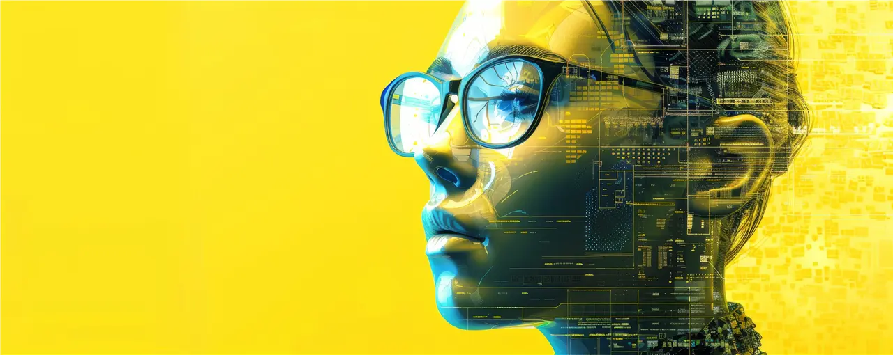 Ein stilisiertes Portr&auml;t einer Person mit Brille vor einem neon-gelben Hintergrund, verziert mit digitalen und technologischen Elementen und Daten.