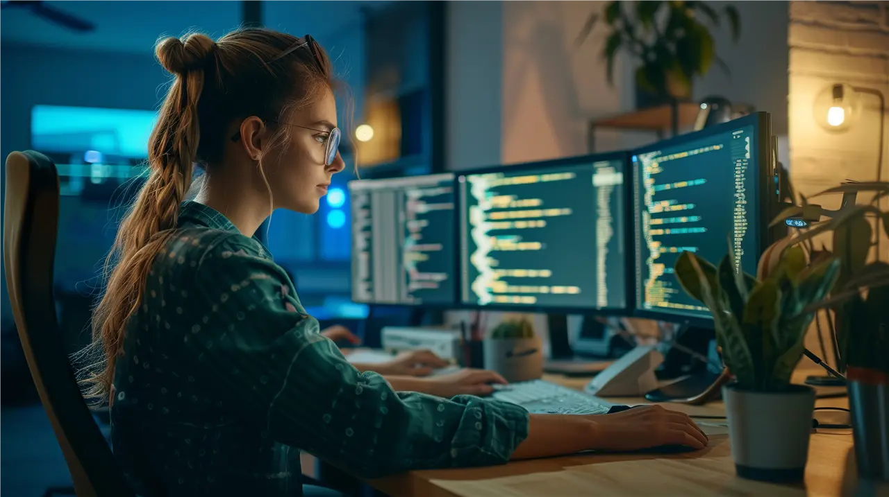 Eine Person arbeitet konzentriert an einem Computer mit zwei Bildschirmen, die Code anzeigen, in einem modern eingerichteten B&uuml;ro mit Pflanzen.