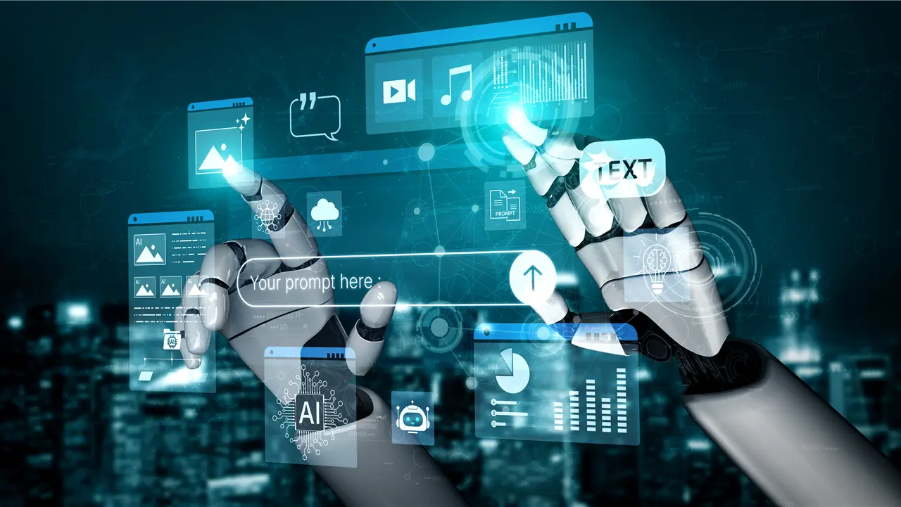 Diese Grafik zeigt eine futuristische Darstellung von KI-gesteuerten Robotern, die mit virtuellen Interface-Elementen interagieren. Zu sehen sind Symbole f&uuml;r Video, Musik, Text und Diagramme, alles in einem vernetzten digitalen Umfeld.