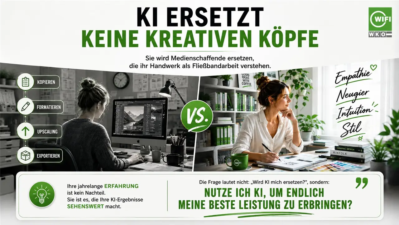 Die Grafik vergleicht KI mit kreativen K&ouml;pfen. Links werden automatische Aufgaben der KI gezeigt, rechts kreative F&auml;higkeiten wie Empathie und Stil. Die zentrale Frage ist, ob KI die beste Leistung erbringen kann.